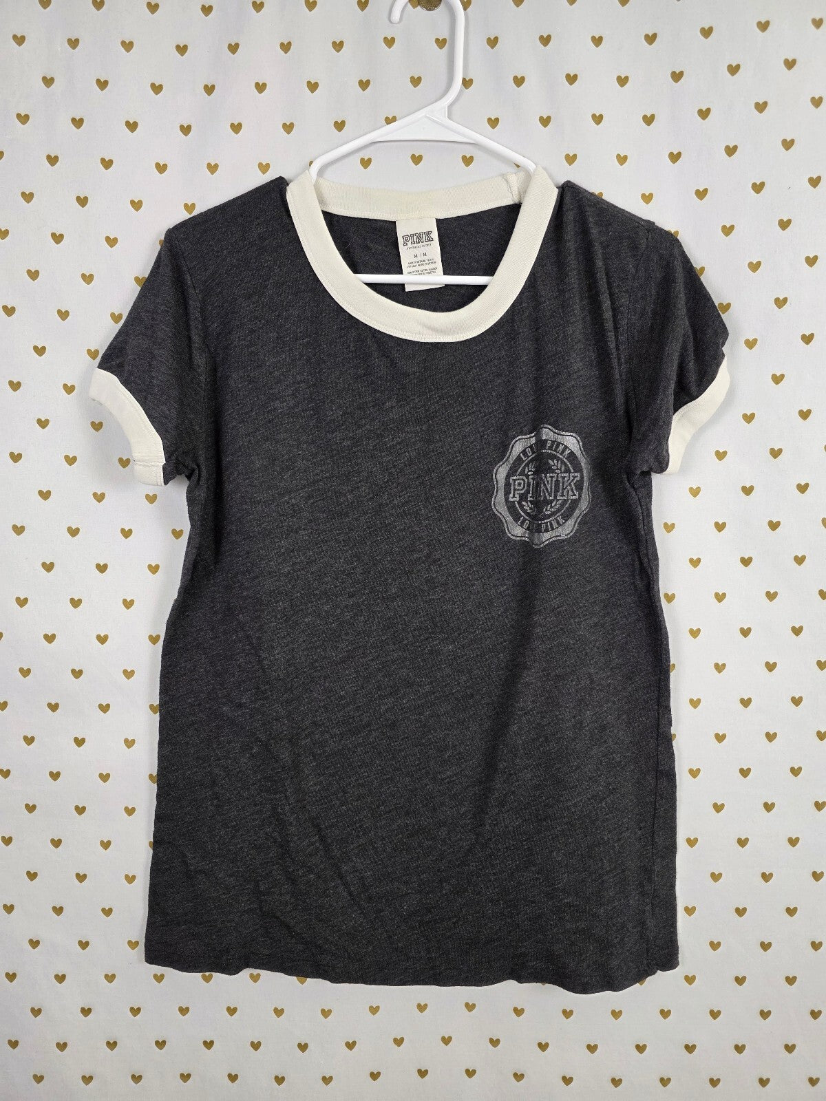 Victorias Secret PINK Grey Bling Sequined Logo Ringer Tee shirt medium