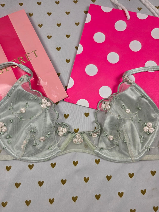 Vintage 2002 Victoria's Secret Bra Mint Green Pink Floral Embroidered Y2K 34B