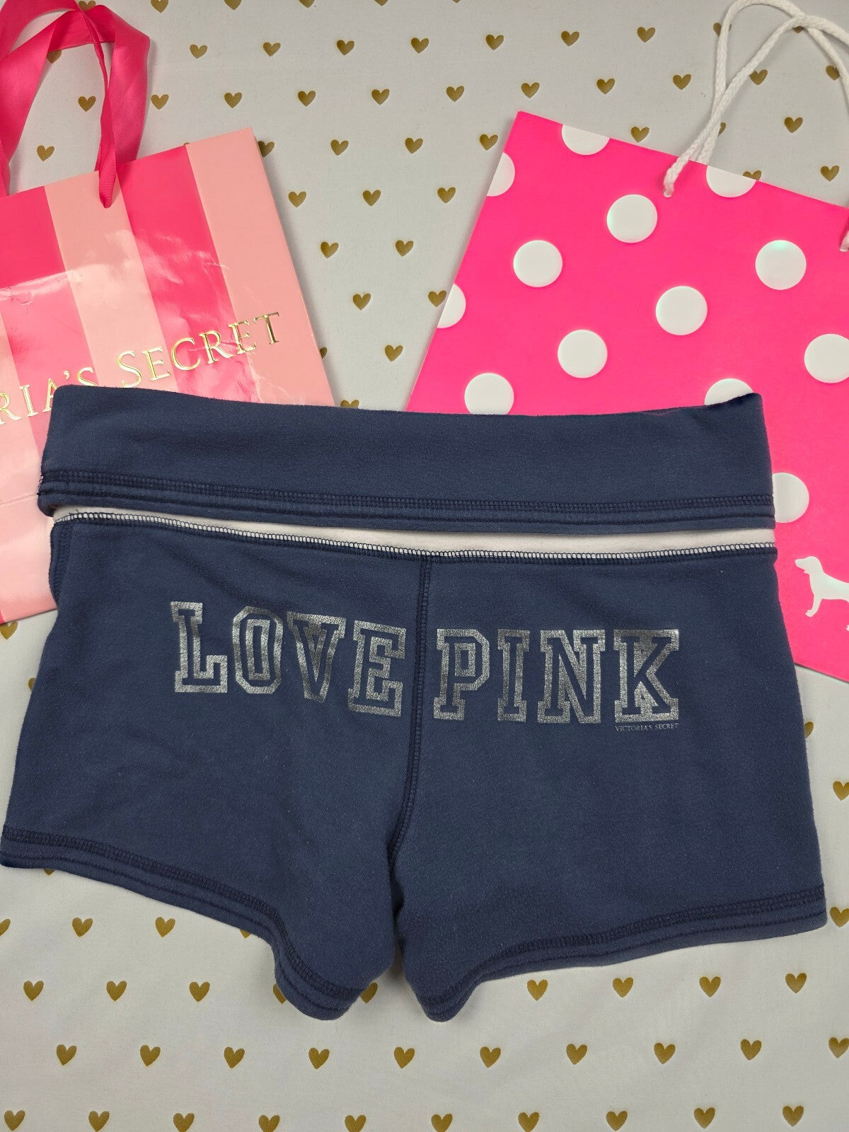 Vintage 2008 VS PINK LOVE PINK Foldover Booty Shorts XS Navy Dog