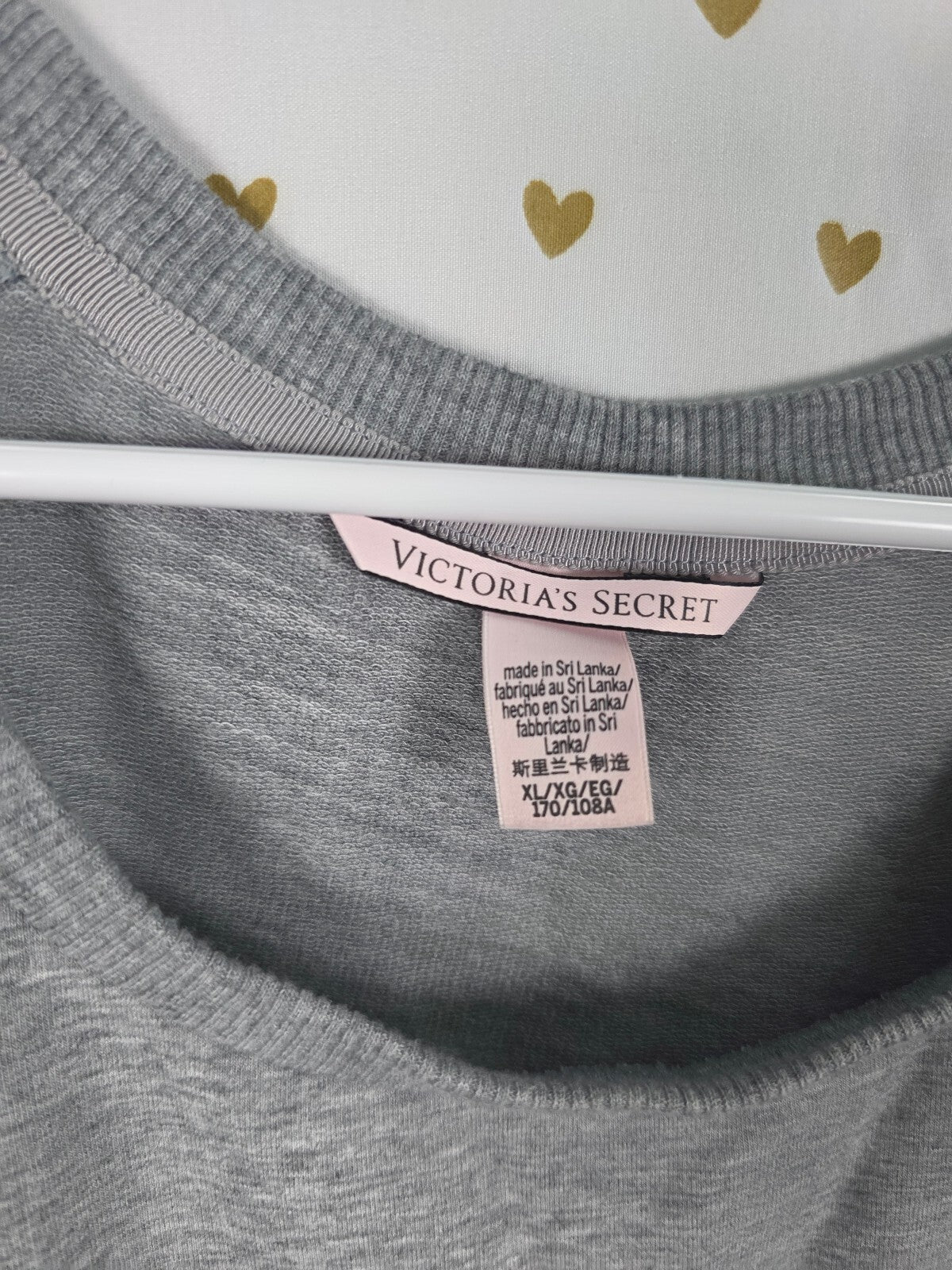 Victorias Secret Pink BLING Sequined HEARTS Sweater Shirt Super Soft Grey XL