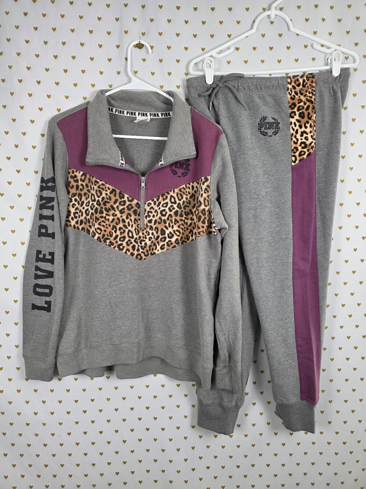 Victorias Secret Pink Leopard Cheetah Quarter Zip Sweater SET MEDIUM Sweats 2pc