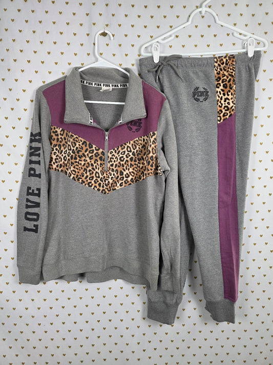 Victorias Secret Pink Leopard Cheetah Quarter Zip Sweater SET MEDIUM Sweats 2pc