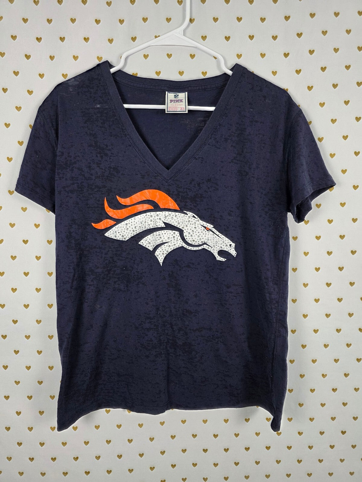 Victoria’s Secret PINK Denver Broncos NFL Rhinestone Burnout V Neck Tee XS