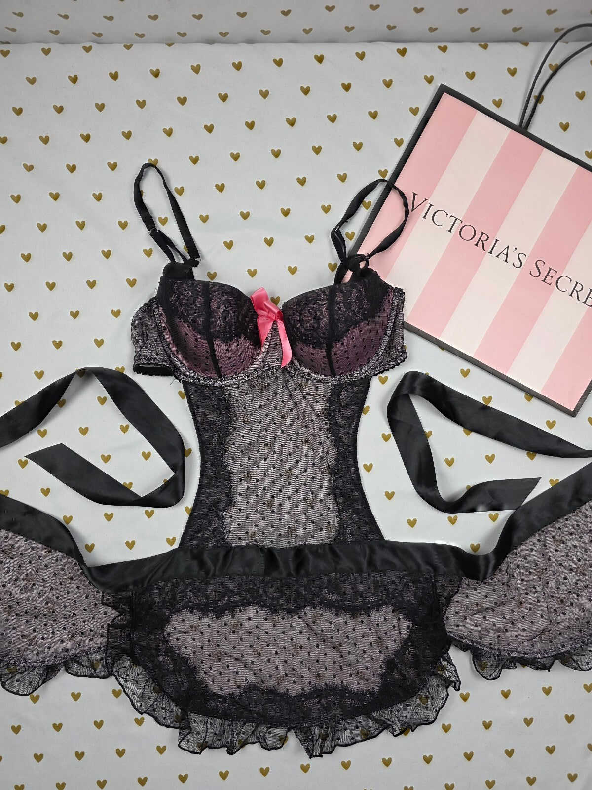 Victorias Secret SEXY LITTLE THINGS 34B French Maid Lingerie Outfit Tie back