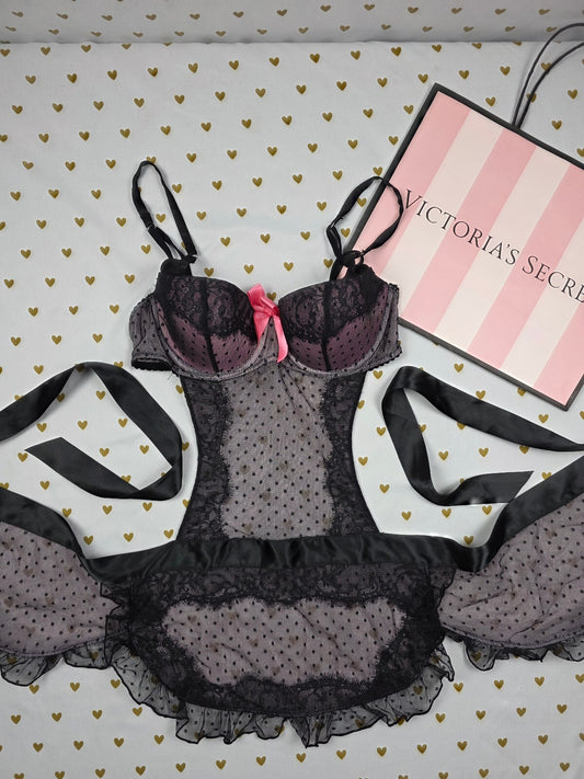 Victorias Secret SEXY LITTLE THINGS 34B French Maid Lingerie Outfit Tie back