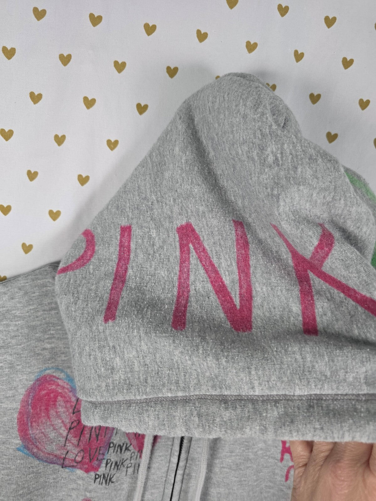 Vintage VS PINK Graffiti Doodle Full Zip Hoodie Gray Y2K Hearts Love M