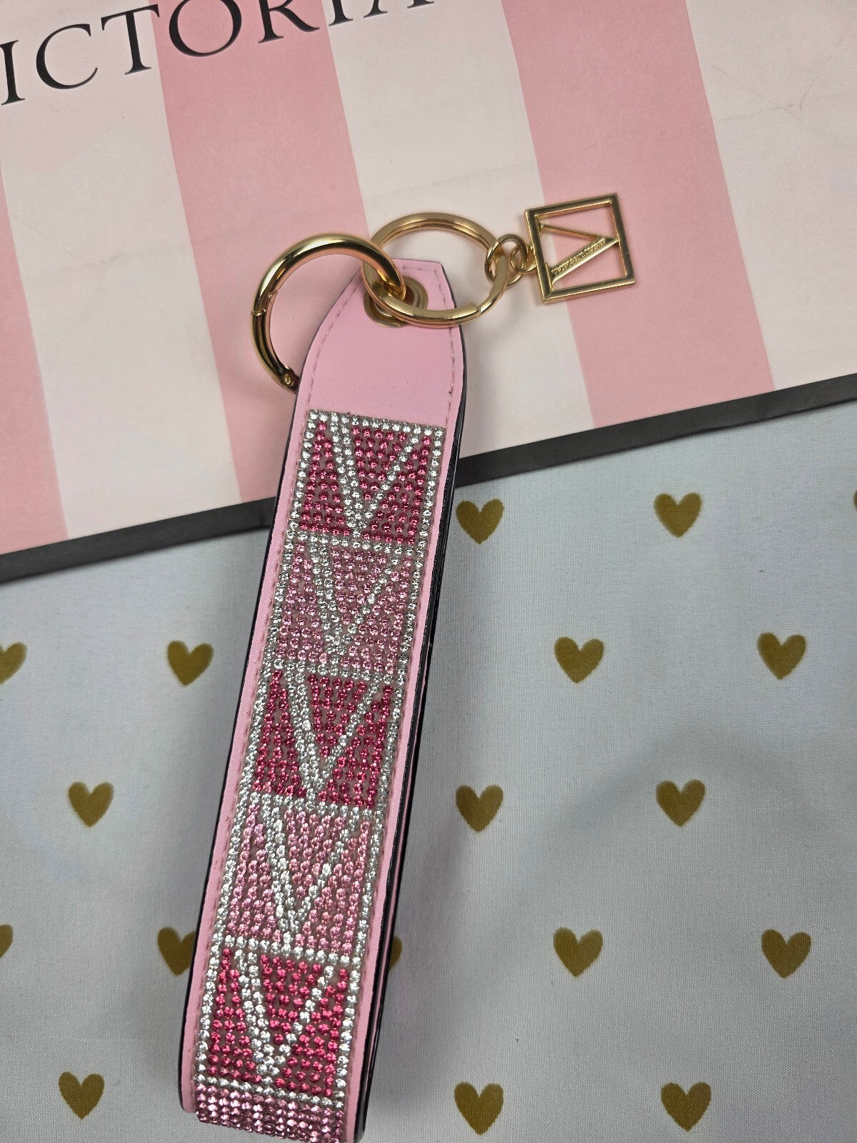 Victoria Secret BLING wristlet strap keychain Rhinestone Handle V Logo Studded