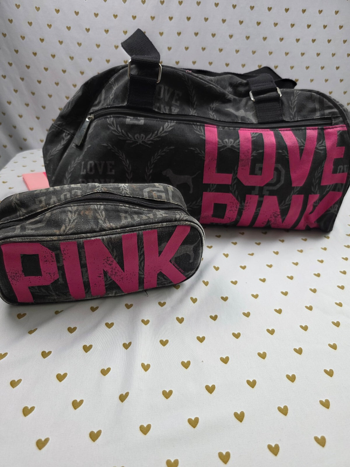 Vintage 2010 Victoria's Secret PINK LOVE PINK Duffle Cosmetic Bag Set Y2K