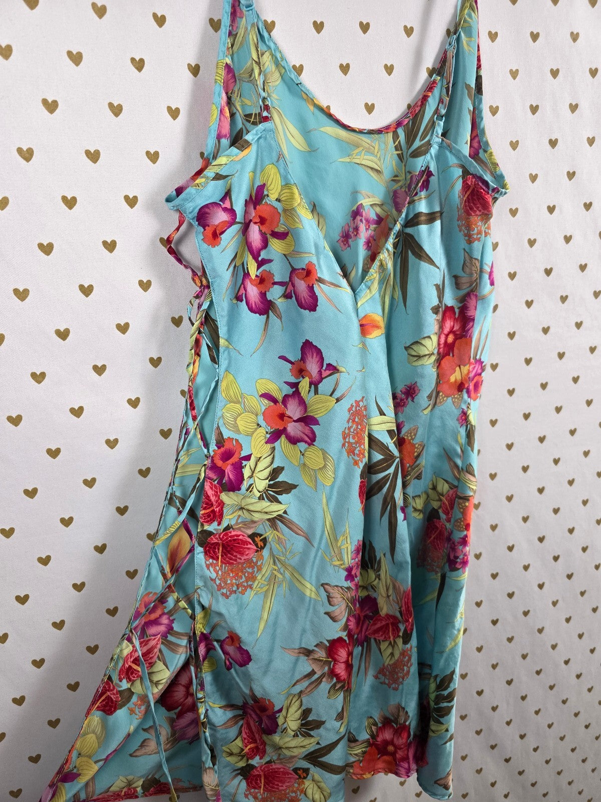 Vintage Victoria's Secret 100% Silk Slip Dress L Blue Tropical Floral Lace Up