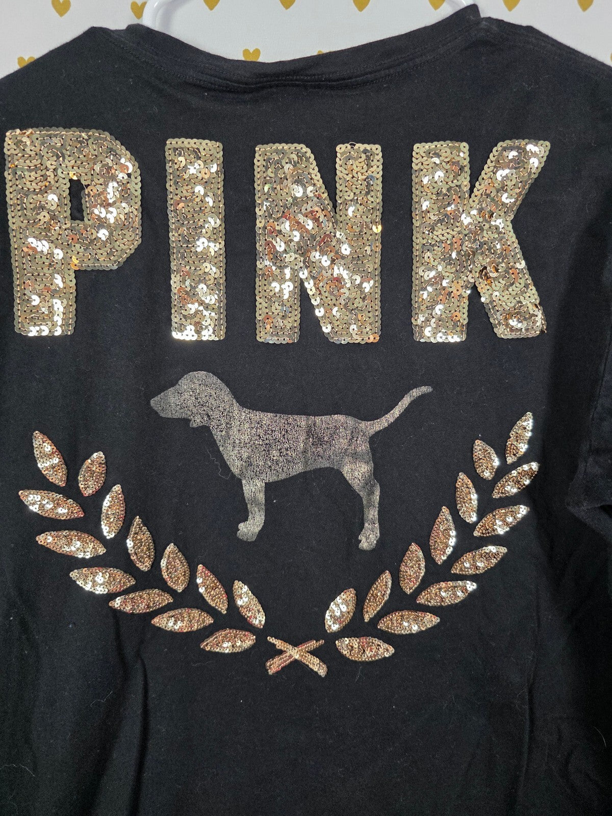 Victorias Secret PINK GOLD BLING Crest Logo Tee Shirt Sequined Medium