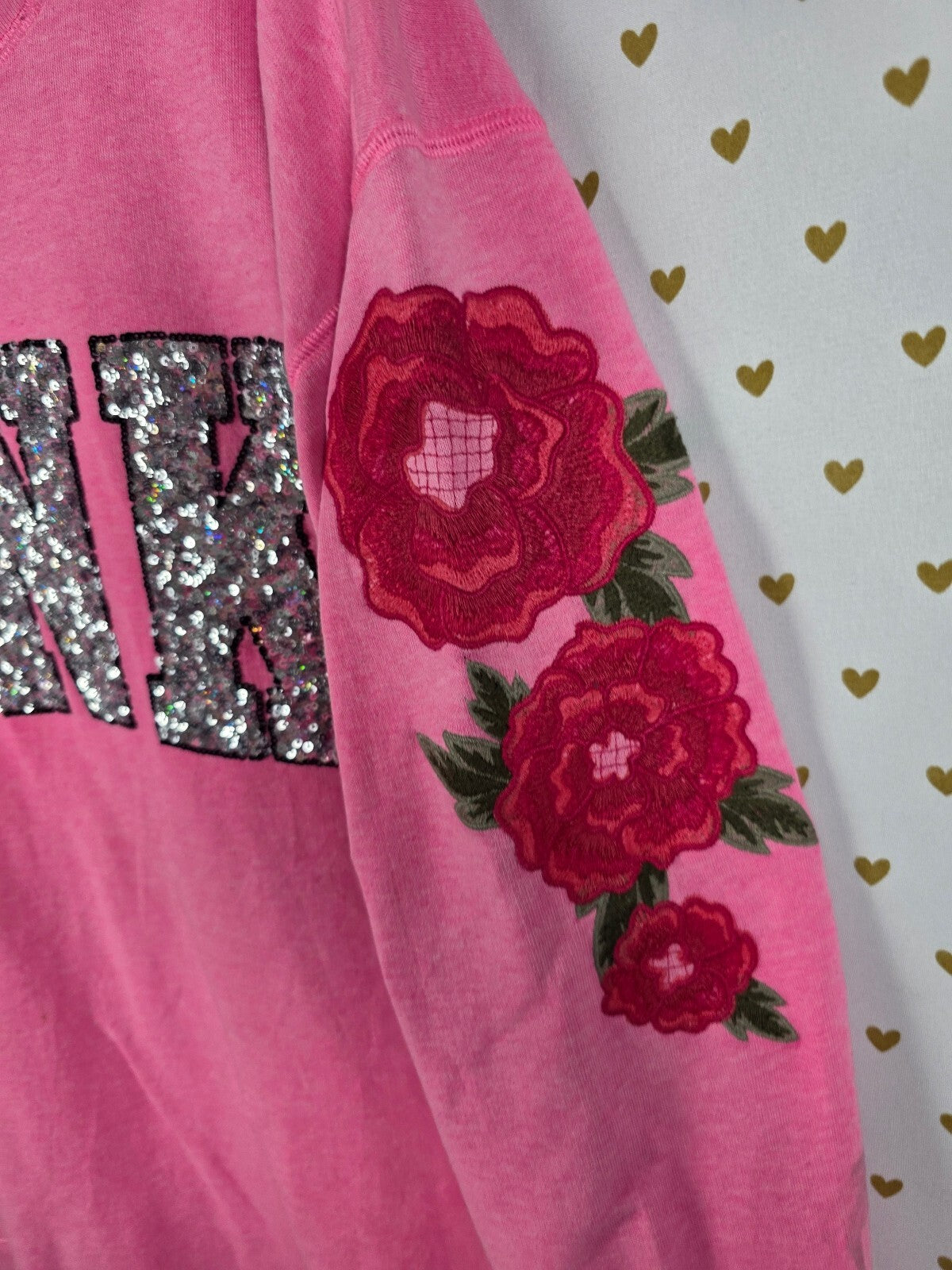 Victorias Secret Pink Bling Rose Embroidered Crew Sweater Shirt Large