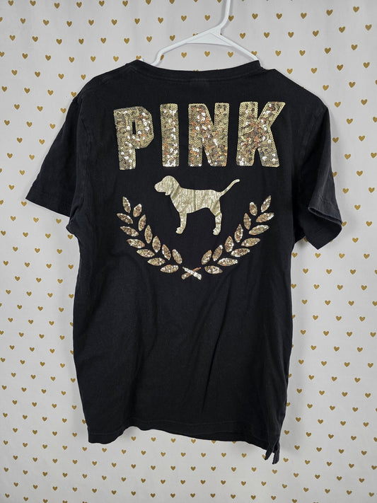 Victorias Secret PINK Gold Bling Sequined Crest tee shirt Large