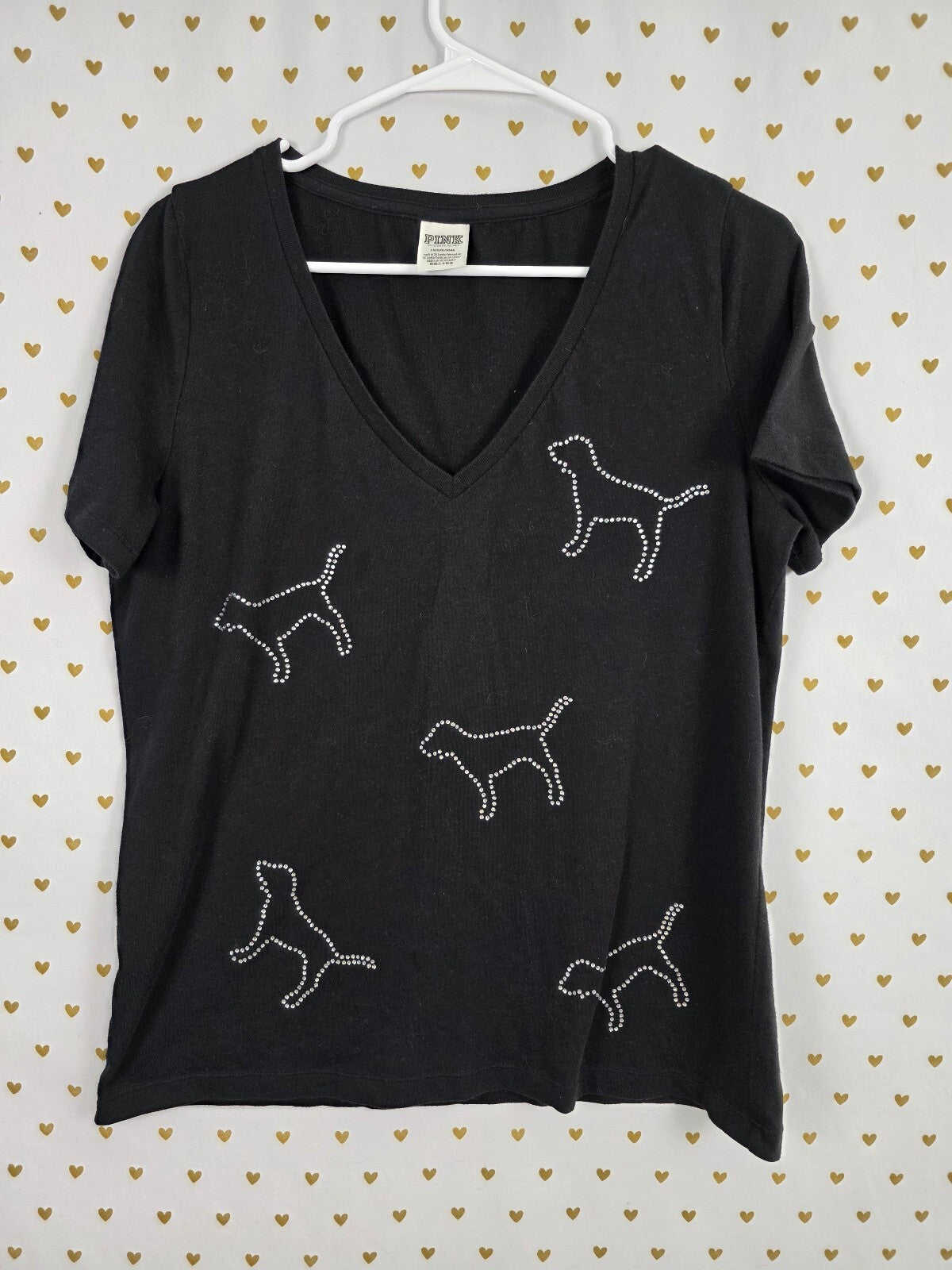 Victorias Secret PINK Bling Dogs Studded V neck Black Tee shirt Large