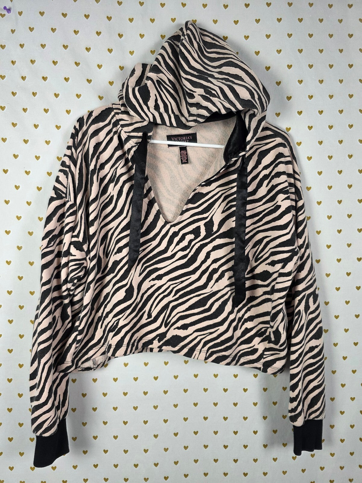Victorias Secret Satin Lined Hood Zebra Cropped Sweater V neck XS