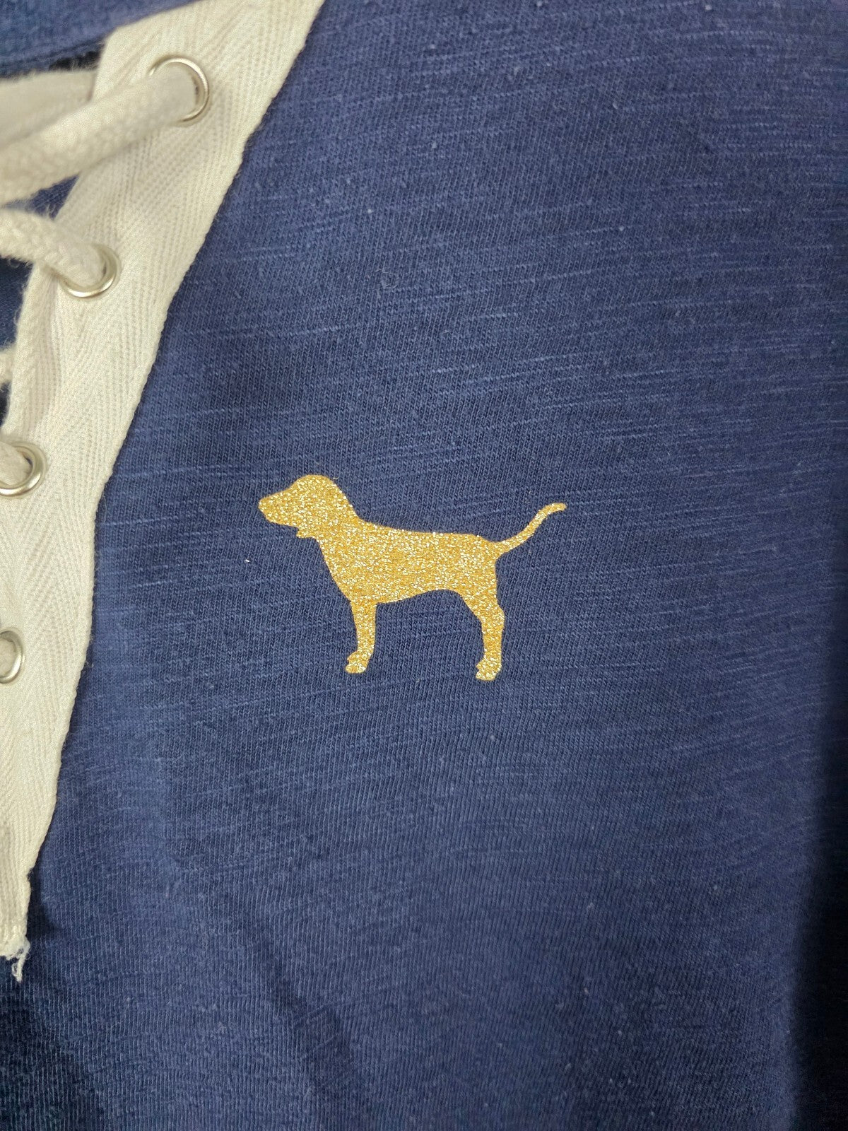 Victorias Secret PINK BLING Studded Lace Front Dog Logo long Sleeve Shirt LARGE