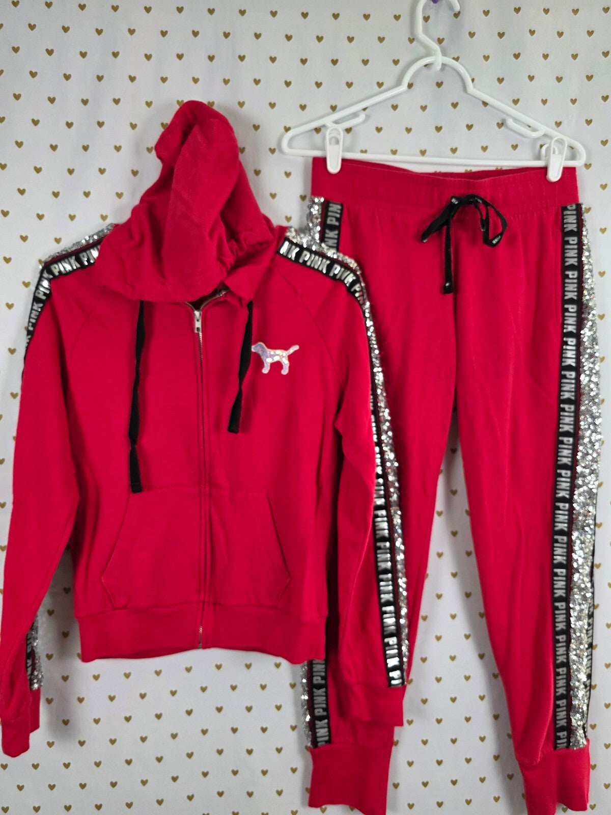 Victorias Secret Pink Red Mermaid Dog Bling Logo SET Hoodie Jacket Sweats XS SM