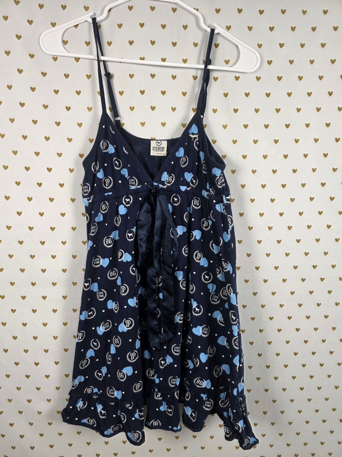 Victoria's Secret PINK Babydoll Chemise Sleep Dress Blue Hearts Logo SM Sundress