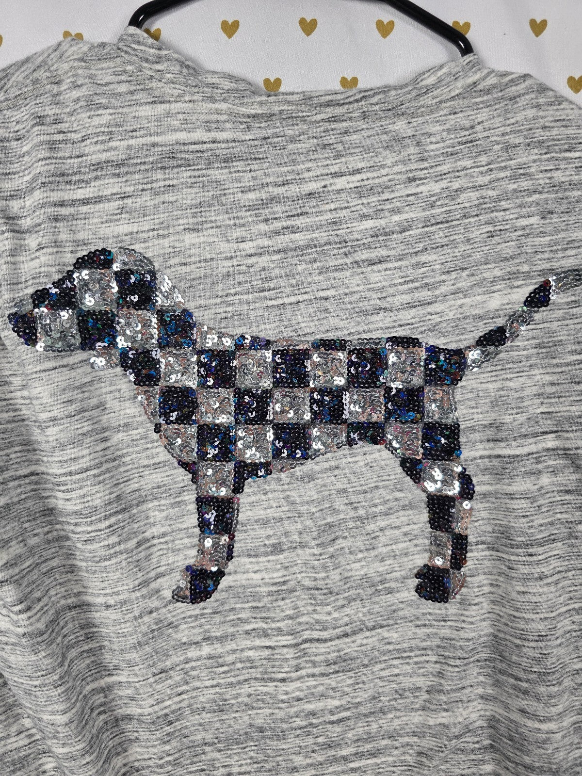 Victoria's Secret PINK Gray HTF Pocket Tee Sequin Buffalo Plaid Dog T-Shirt Sm