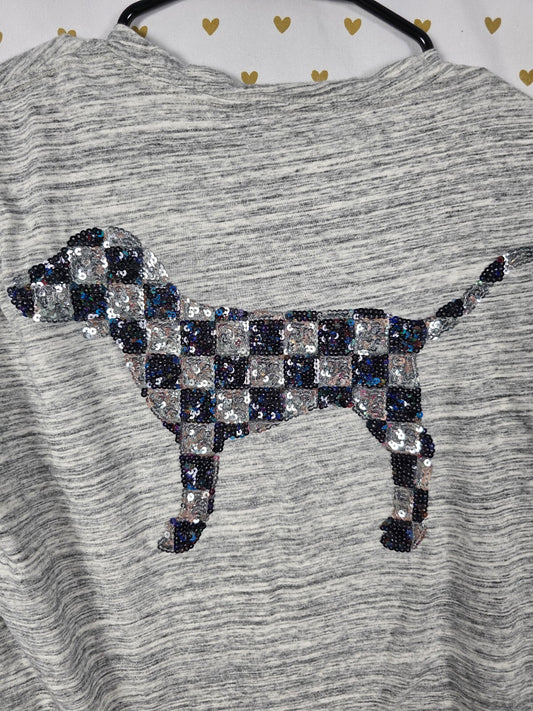 Victoria's Secret PINK Gray HTF Pocket Tee Sequin Buffalo Plaid Dog T-Shirt Sm