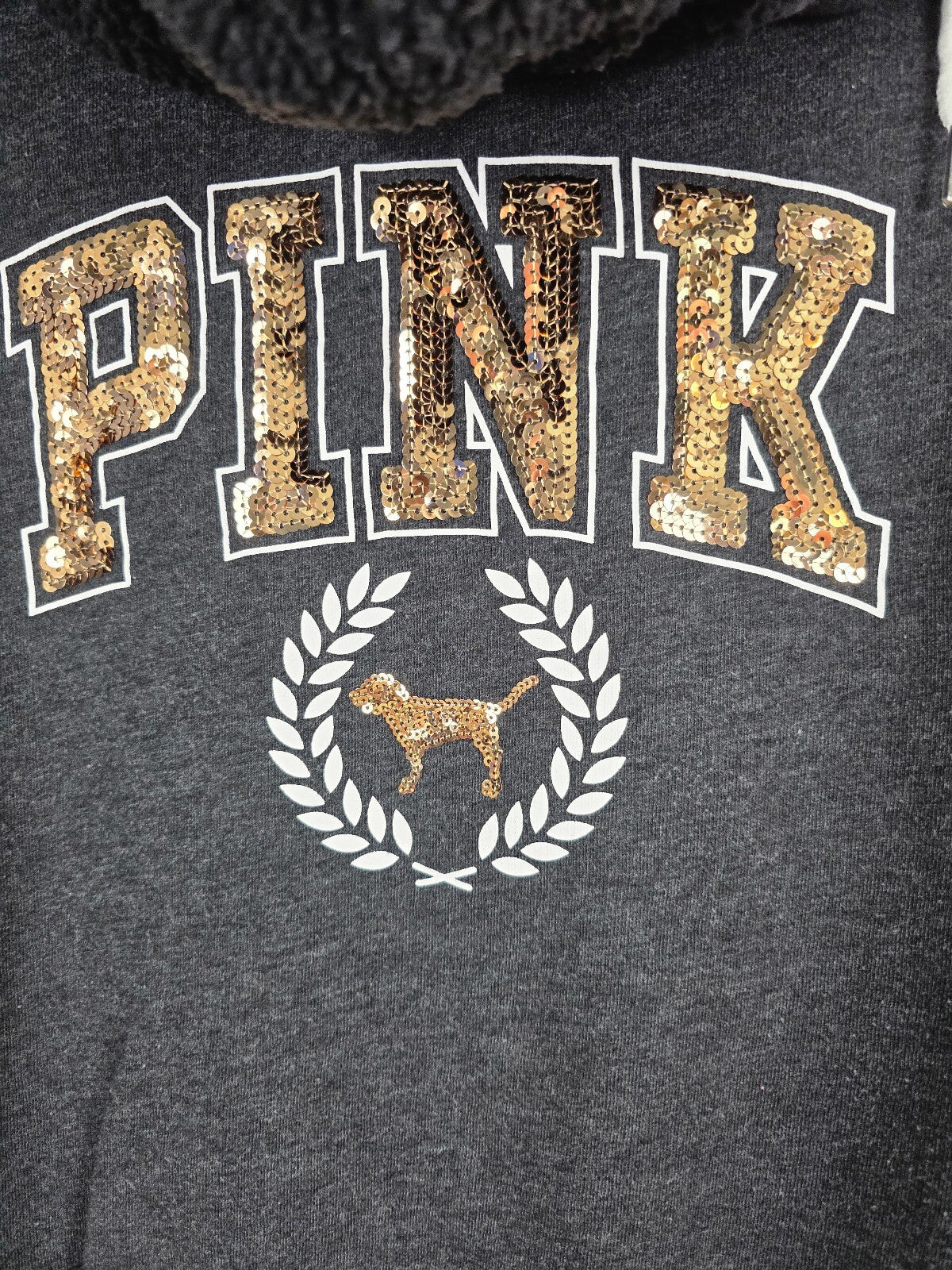 Victorias Secret Pink Gold Bling Sherpa Hood Pullover Sweater Hoodie Large