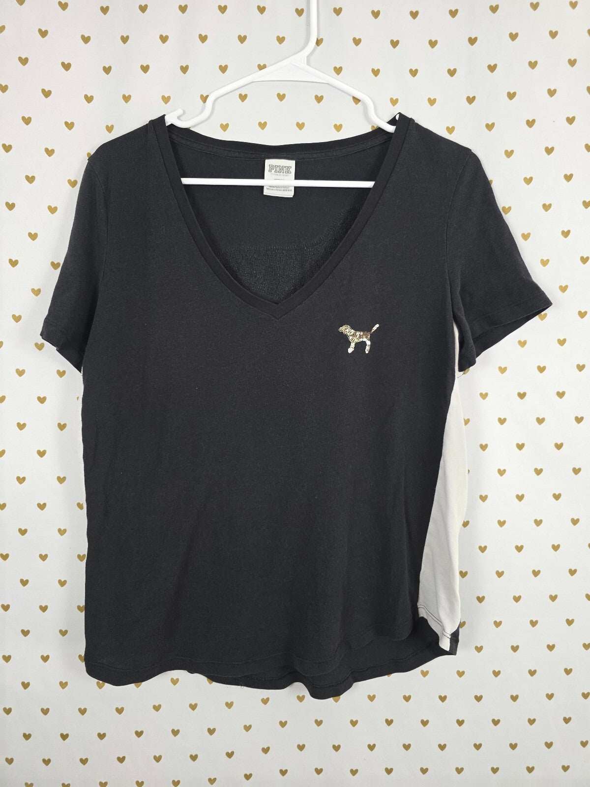 Victorias Secret PINK Gold Bling Dog Logo V neck Tee shirt Sequined Medium