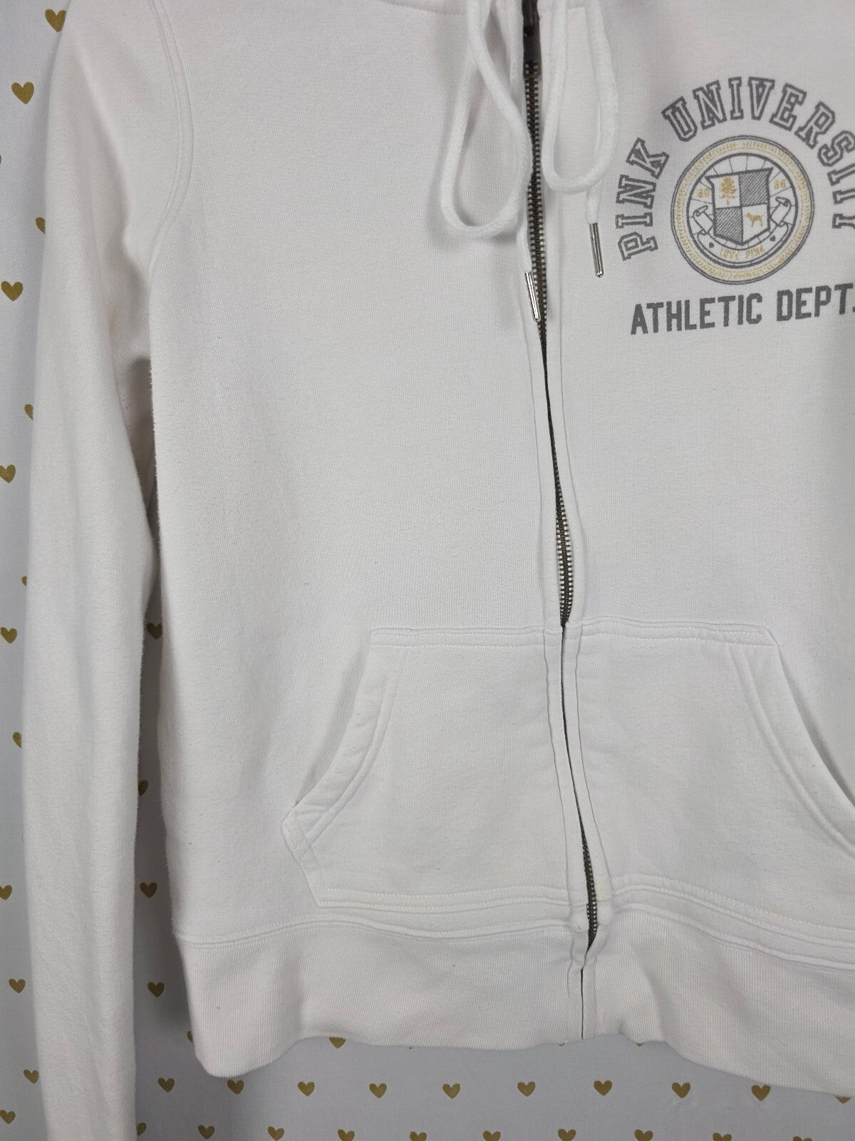 Victorias Secret Pink VINTAGE White University Full Zip Hoodie Jacket MEDIUM