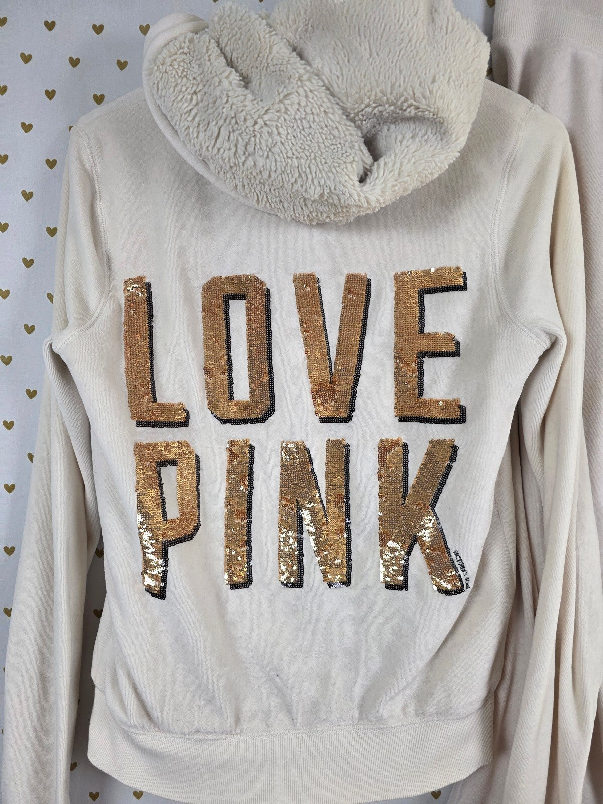 Victoria's Secret PINK Gold Bling LOVE PINK Sherpa Hoodie Yoga Pant Set XS S FUR