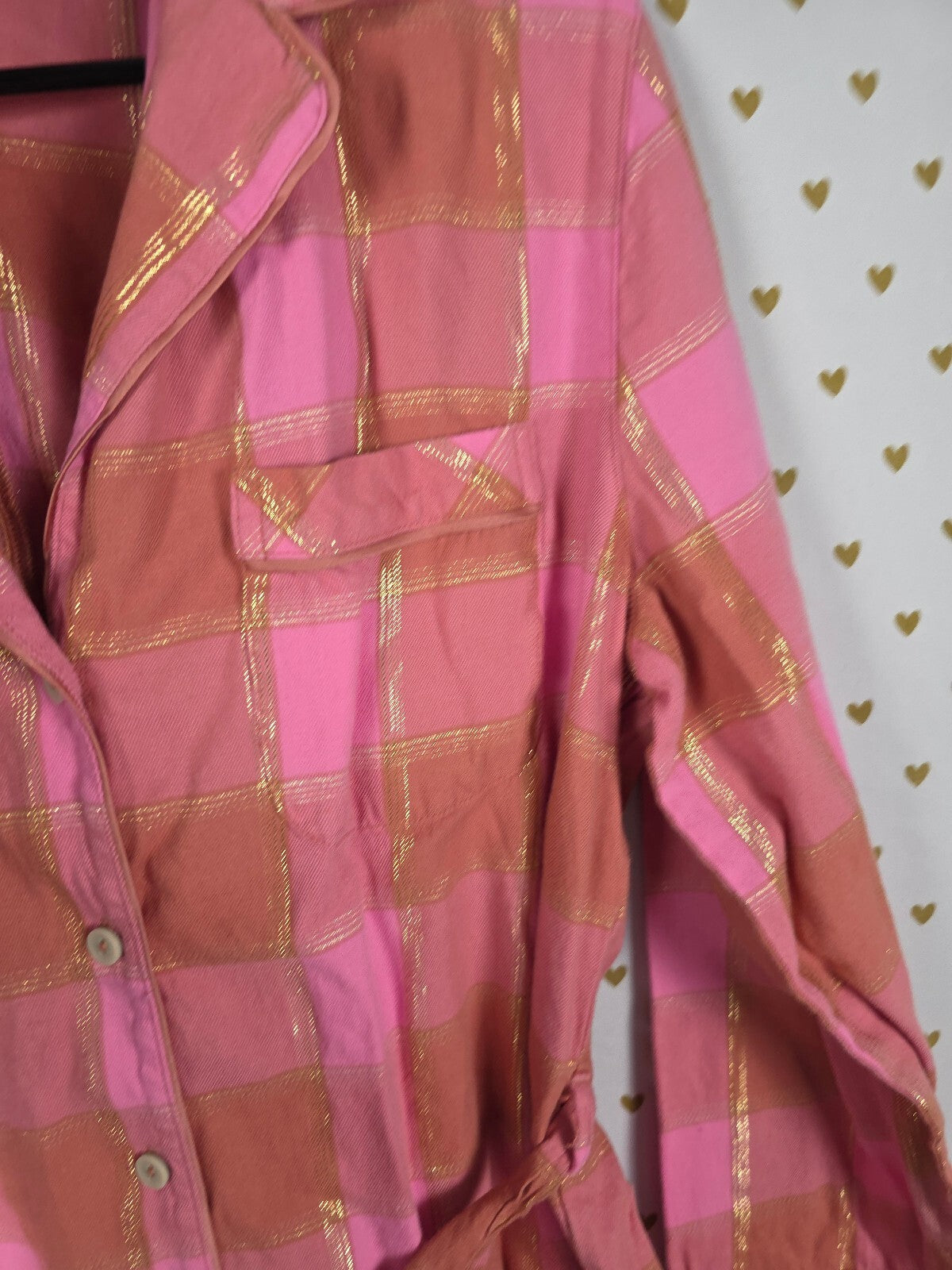 Victoria's Secret Pink Gold Plaid Comfy Romper S Metallic Lurex Pajamas
