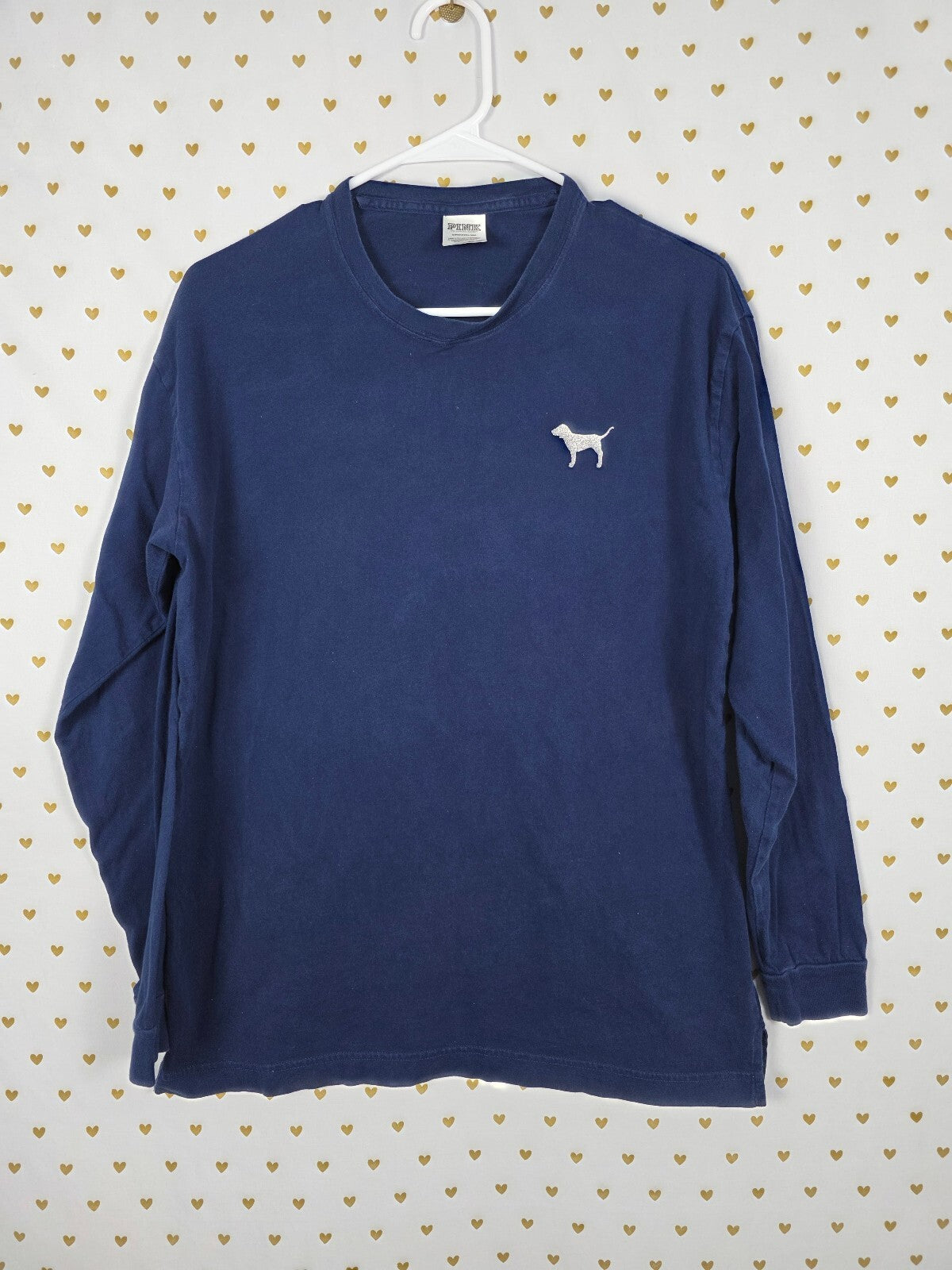 Victorias Secret PINK GLITTER BLING Crest Dog Logo Tee shirt blue pocket Small