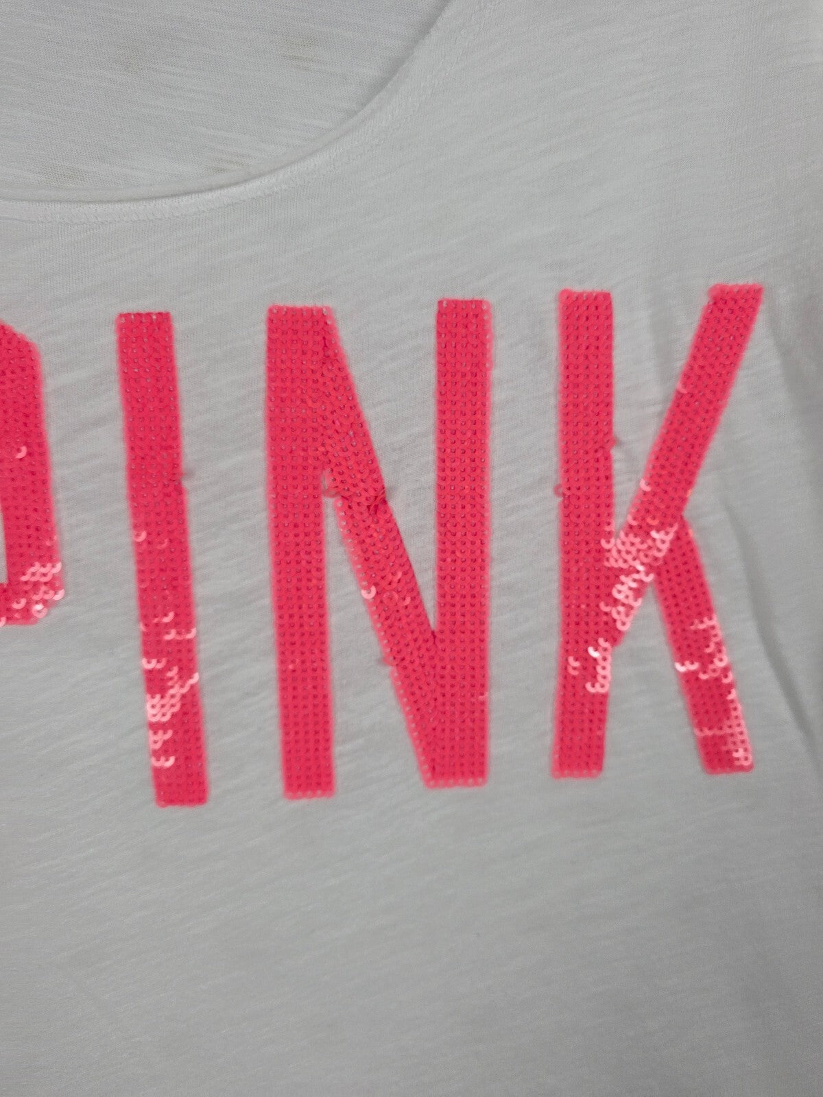 Victoria's Secret PINK Sequin #PINK Tee Large White Neon Pink BLING Logo Shirt