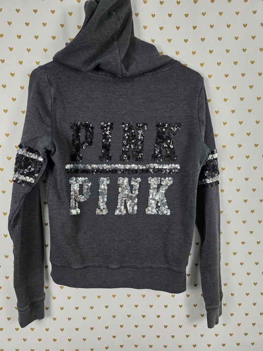 Victorias Secret Pink Small Grey Bling Logo Hoodie Jacket Sequined