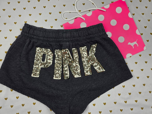 PINK Victoria's Secret Sequin Logo Lounge Shorts Gray Fleece Drawstring Small