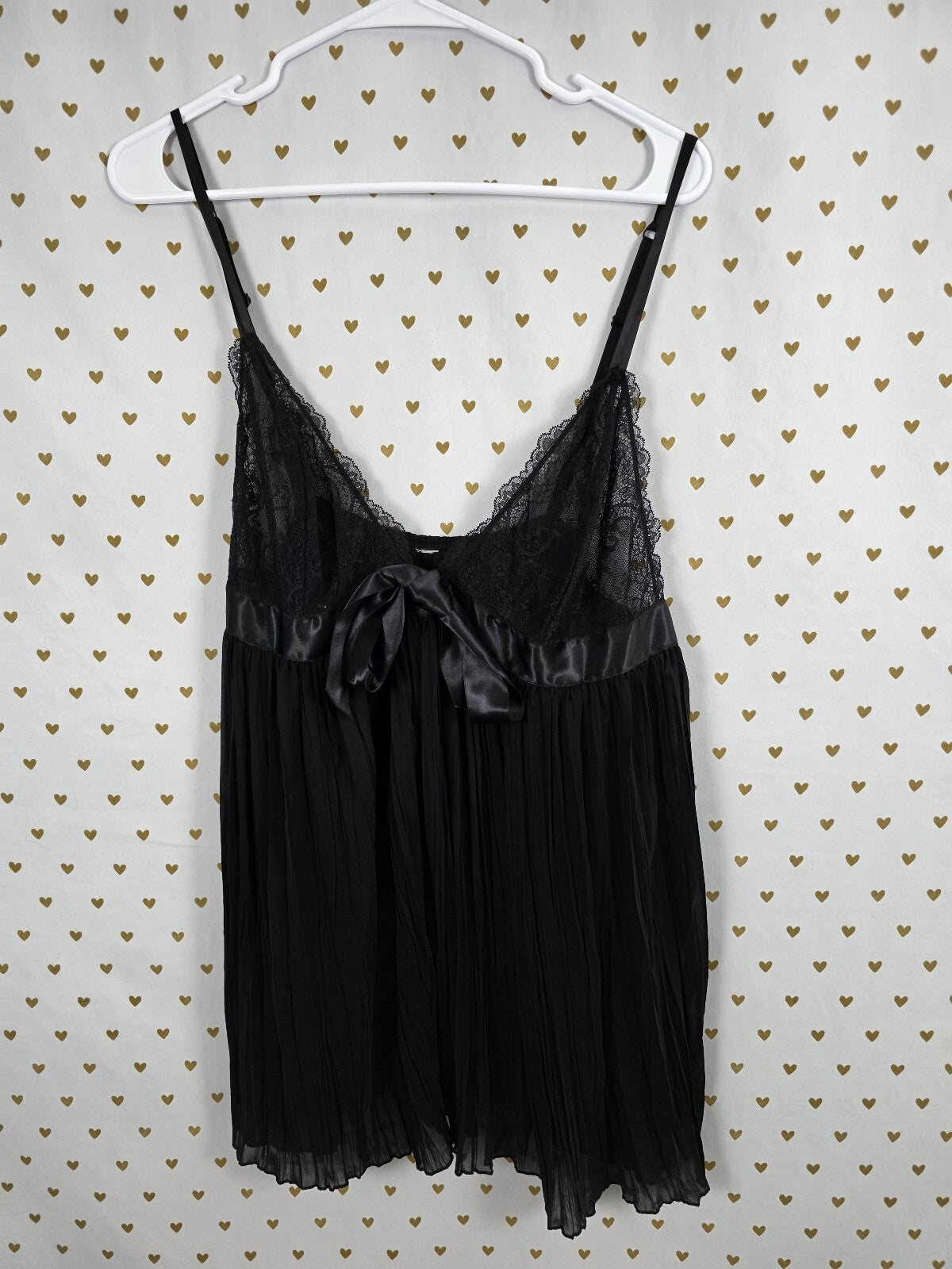 Victorias Secret Black Pleated Babydoll Nightie Lingerie Flowy Lace XL