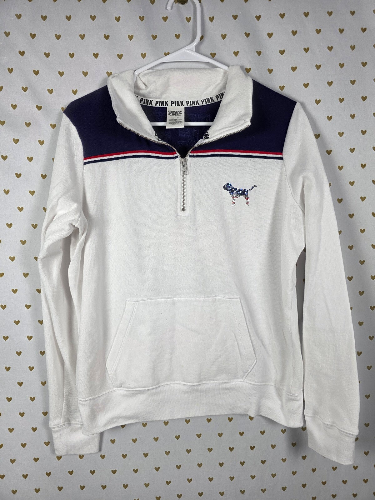 Victorias Secret Pink USA BLING America Quarter Zip Sweater Shirt MEDIUM