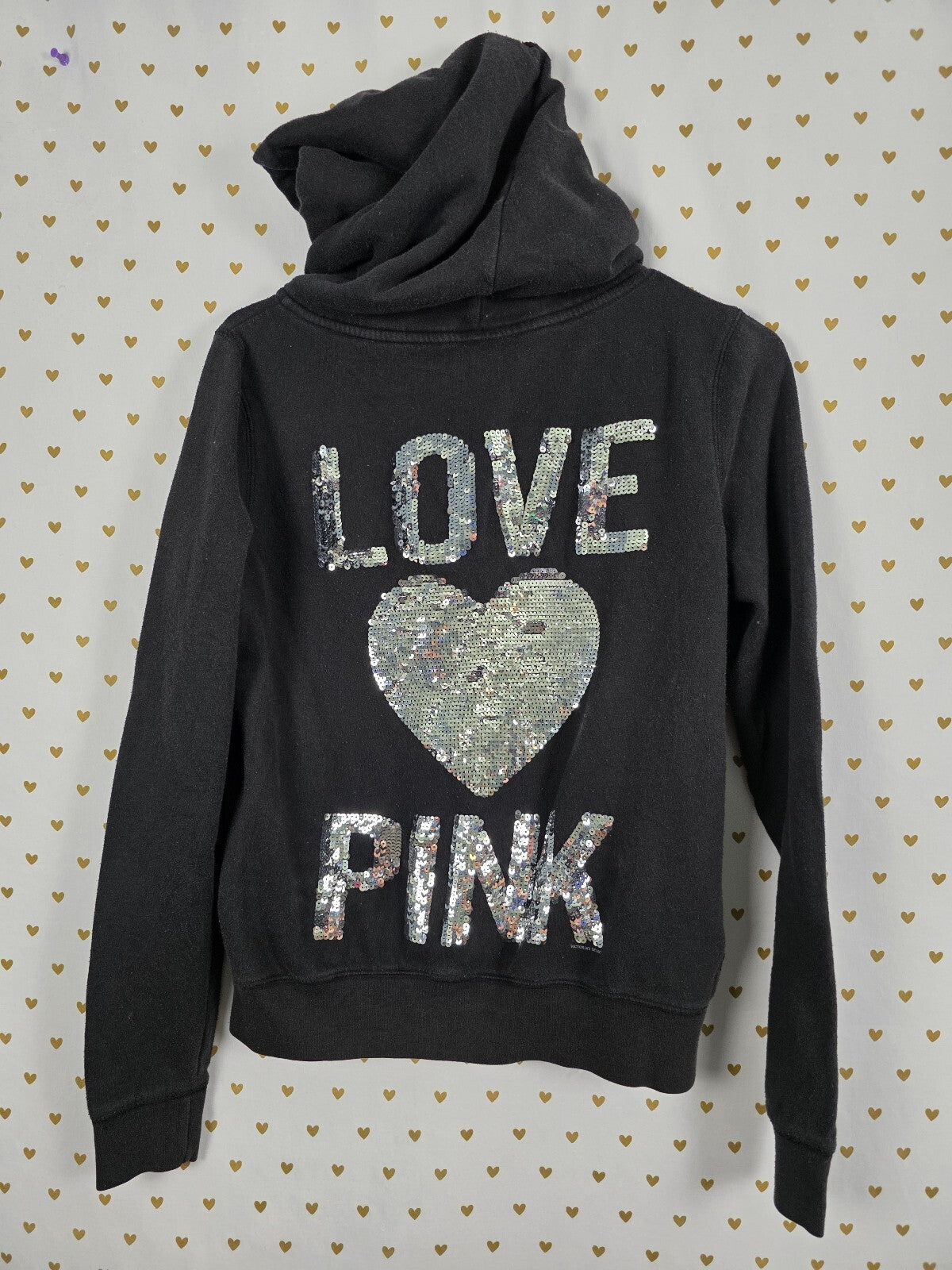 Victorias Secret Pink Heart BLING Sequined Full zip Hoodie Jacket Black Medium