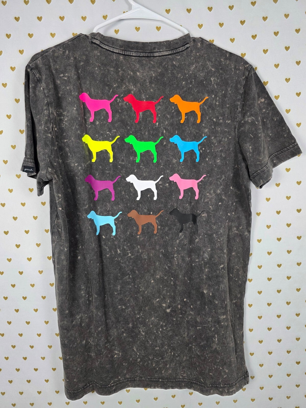 NWT Victoria's Secret PINK Rainbow Dog Graphic Mineral Wash Tee T-Shirt Gray S