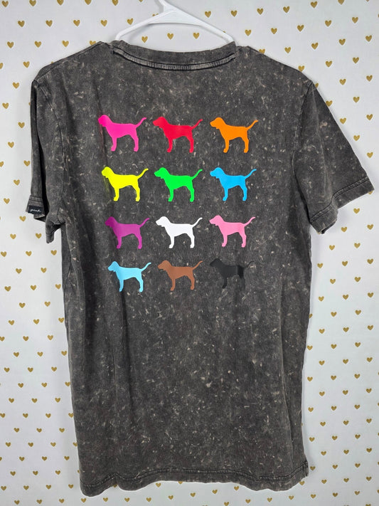 NWT Victoria's Secret PINK Rainbow Dog Graphic Mineral Wash Tee T-Shirt Gray S