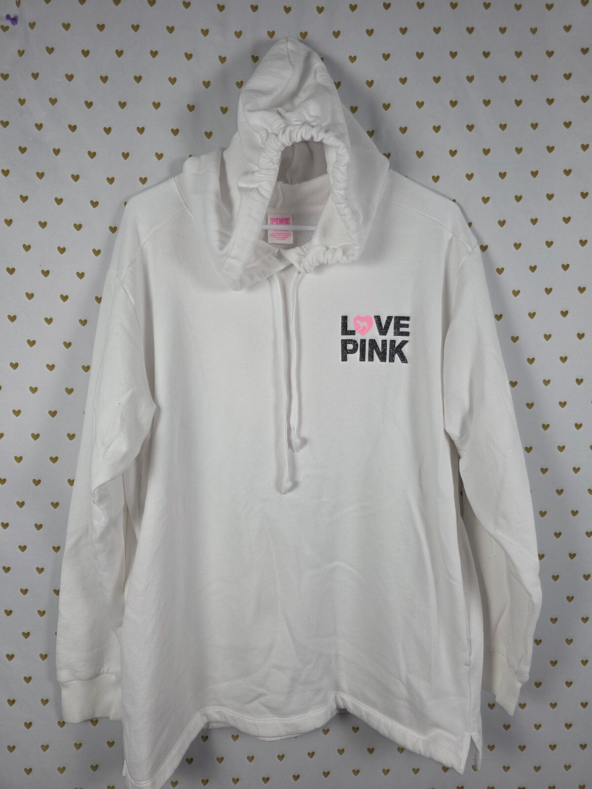 Victorias Secret Pink CAMPUS ORIGINALS White Glitter Heart Pullover Sweater L