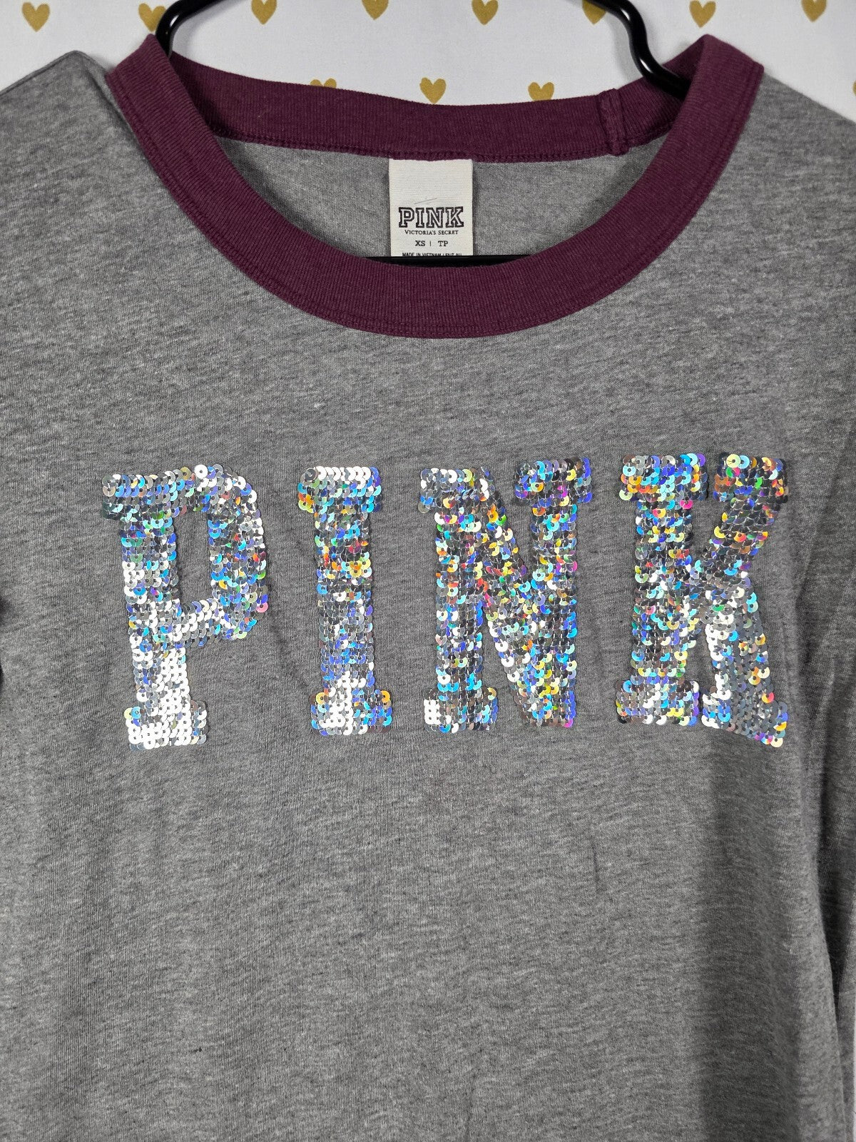 Victorias Secret PINK BLING Mermaid Silver Sequined Logo Tee shirt Grey XS