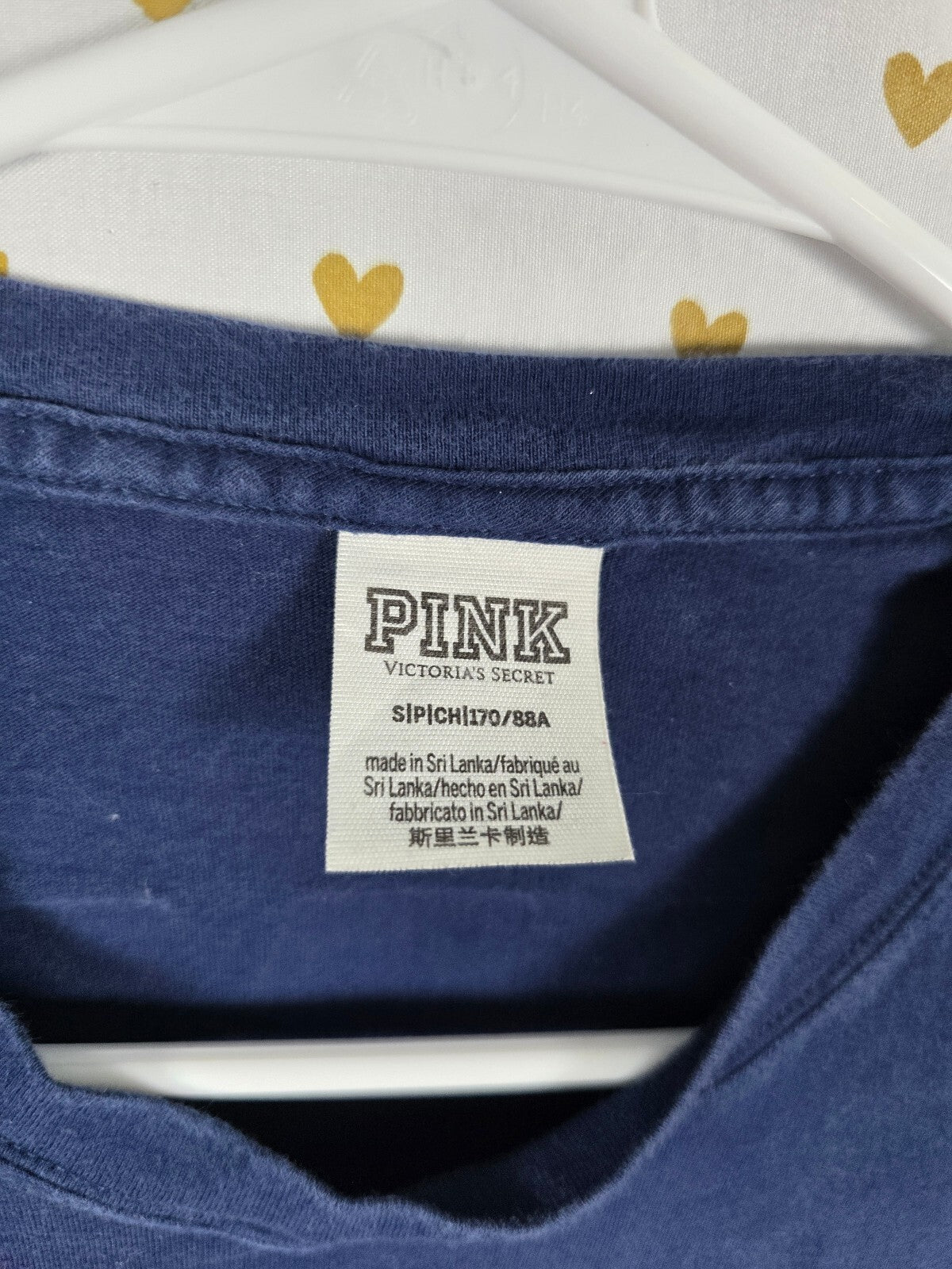 Victorias Secret PINK GLITTER BLING Crest Dog Logo Tee shirt blue pocket Small