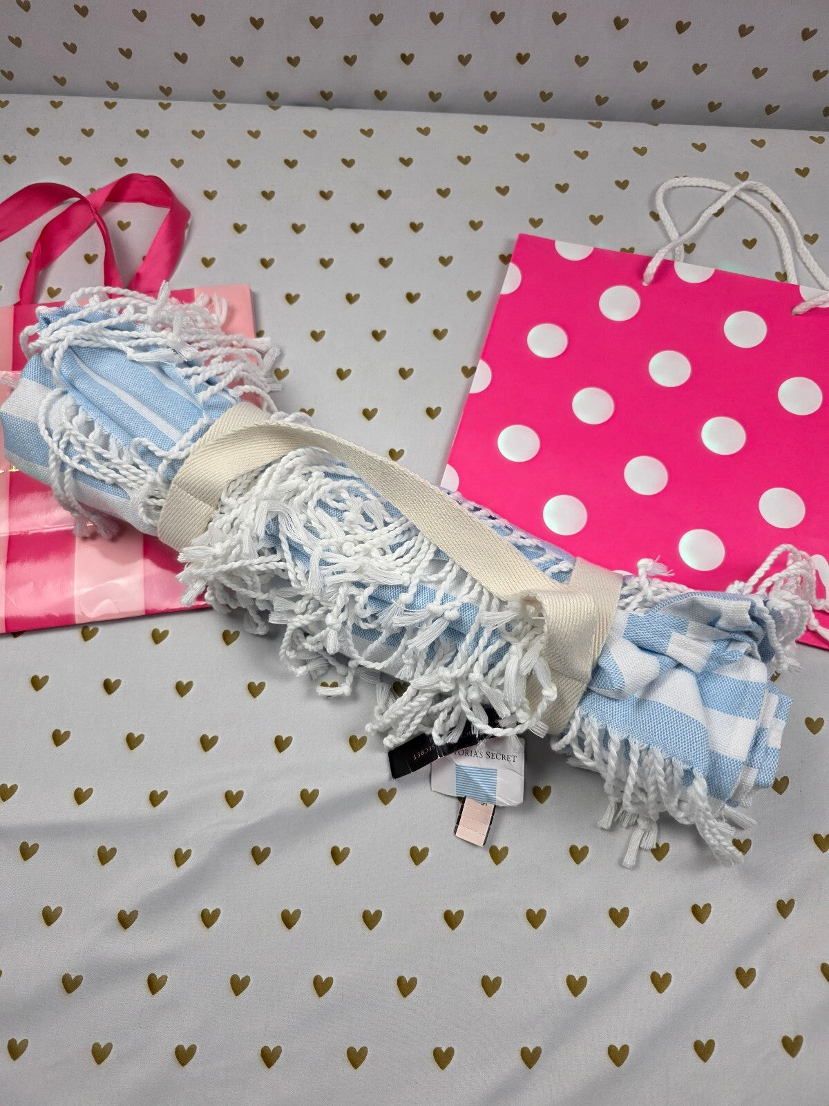 Victoria’s Secret Blue White Stripe Beach Blanket NWT Fringe Carry Strap VS