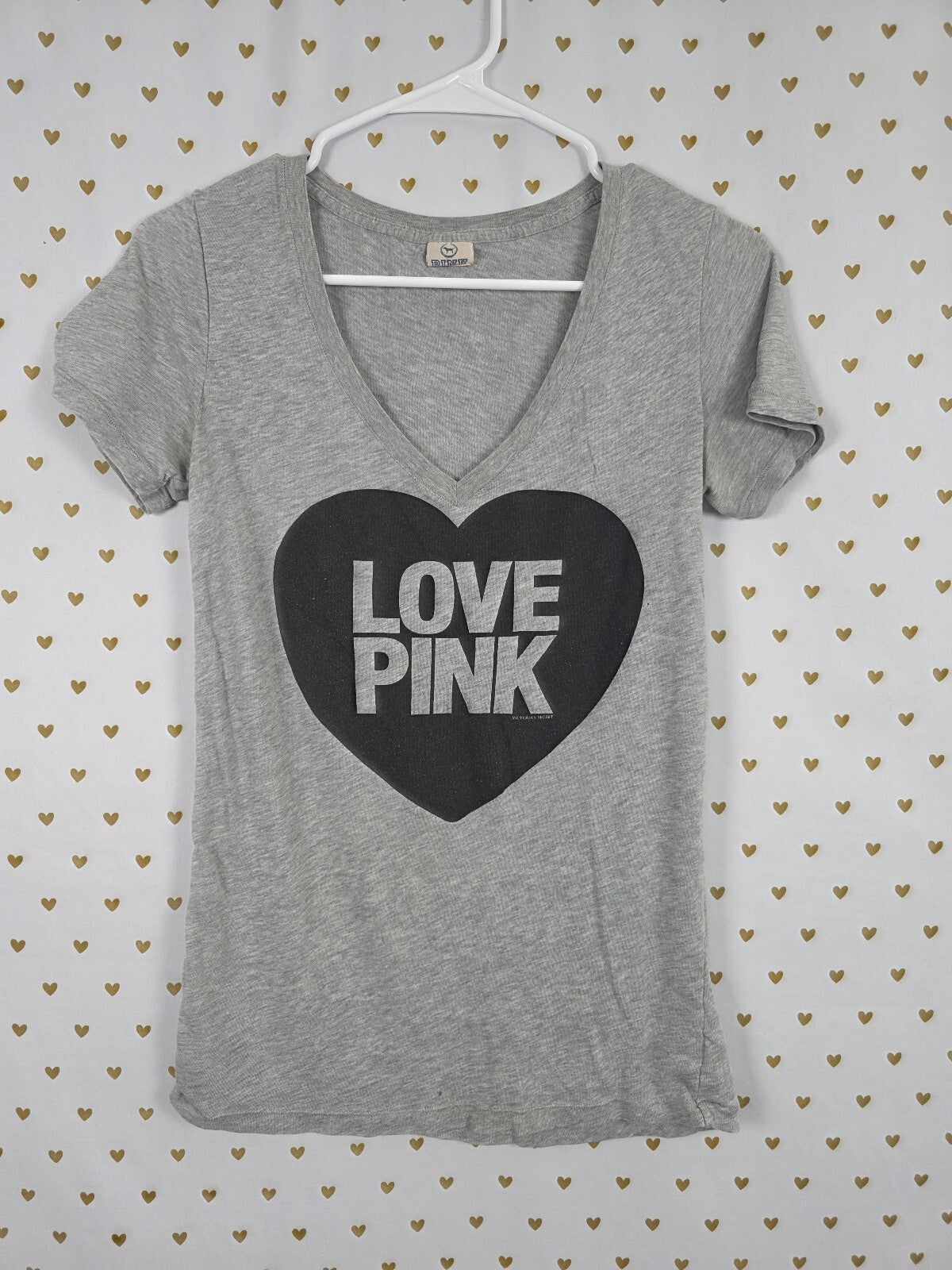Victorias Secret PINK Grey V neck XS Logo Heart Tee shirt Vintage Y2k