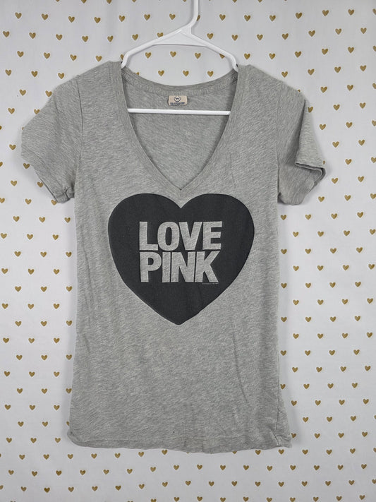 Victorias Secret PINK Grey V neck XS Logo Heart Tee shirt Vintage Y2k
