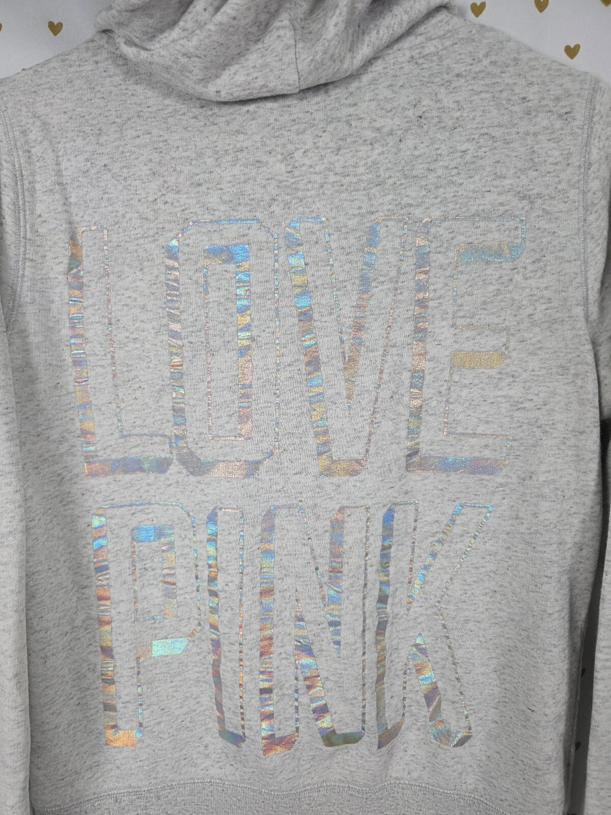 Victorias Secret Pink Grey Holographic Logo Full Zip Hoodie Jacket Medium