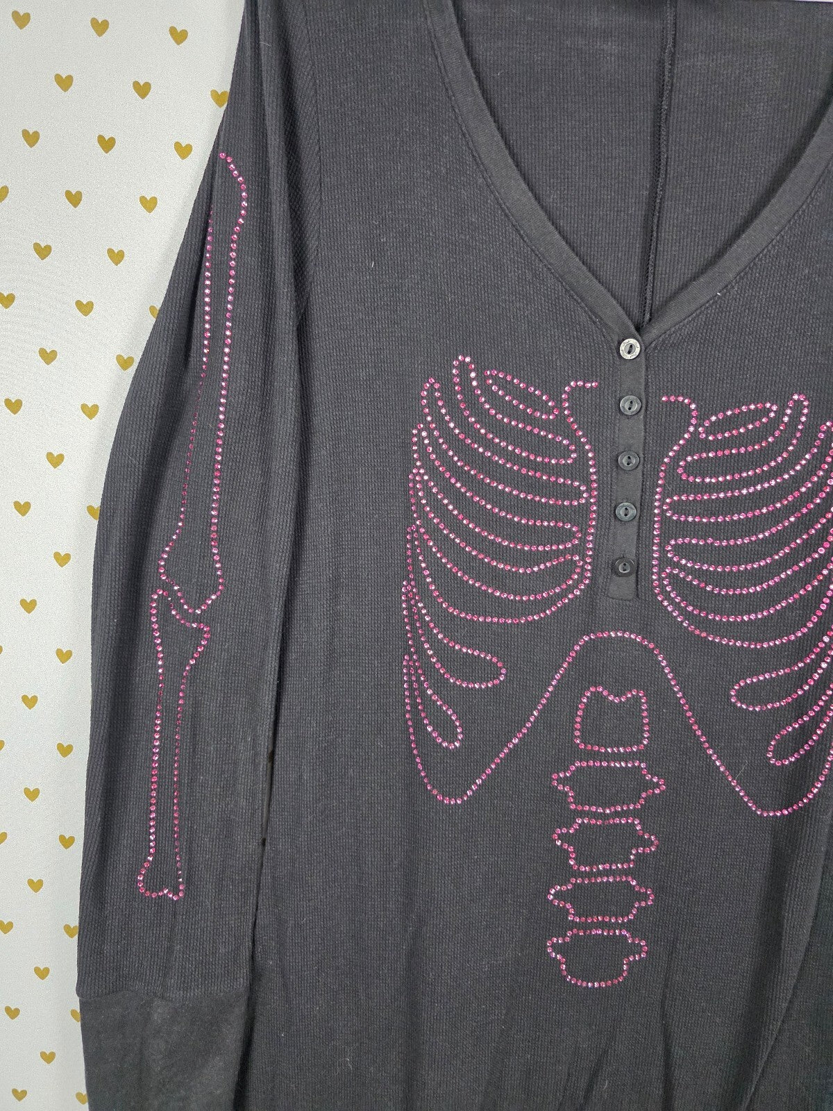 VS PINK Skeleton Rhinestone BLING Thermal Onesie XL Halloween Black Costume