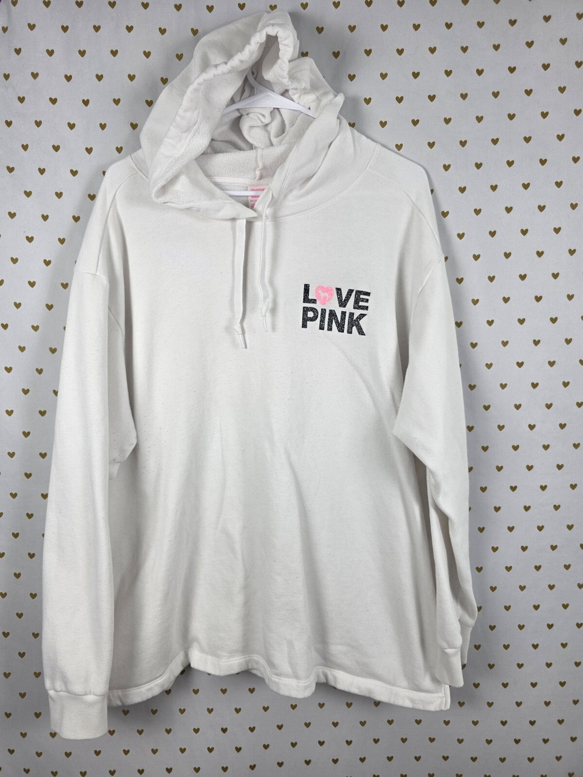 Victorias Secret Pink Campus Originals White Pullover Hooded Sweater BLING XXL