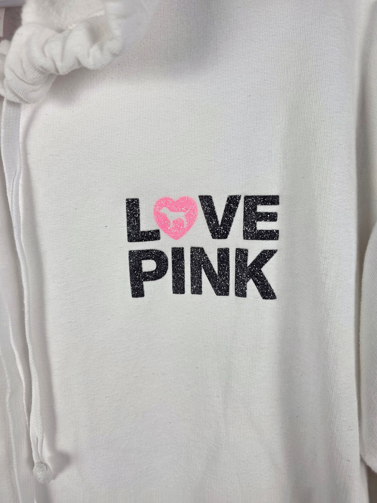 Victorias Secret Pink CAMPUS ORIGINALS White Glitter Heart Pullover Sweater L