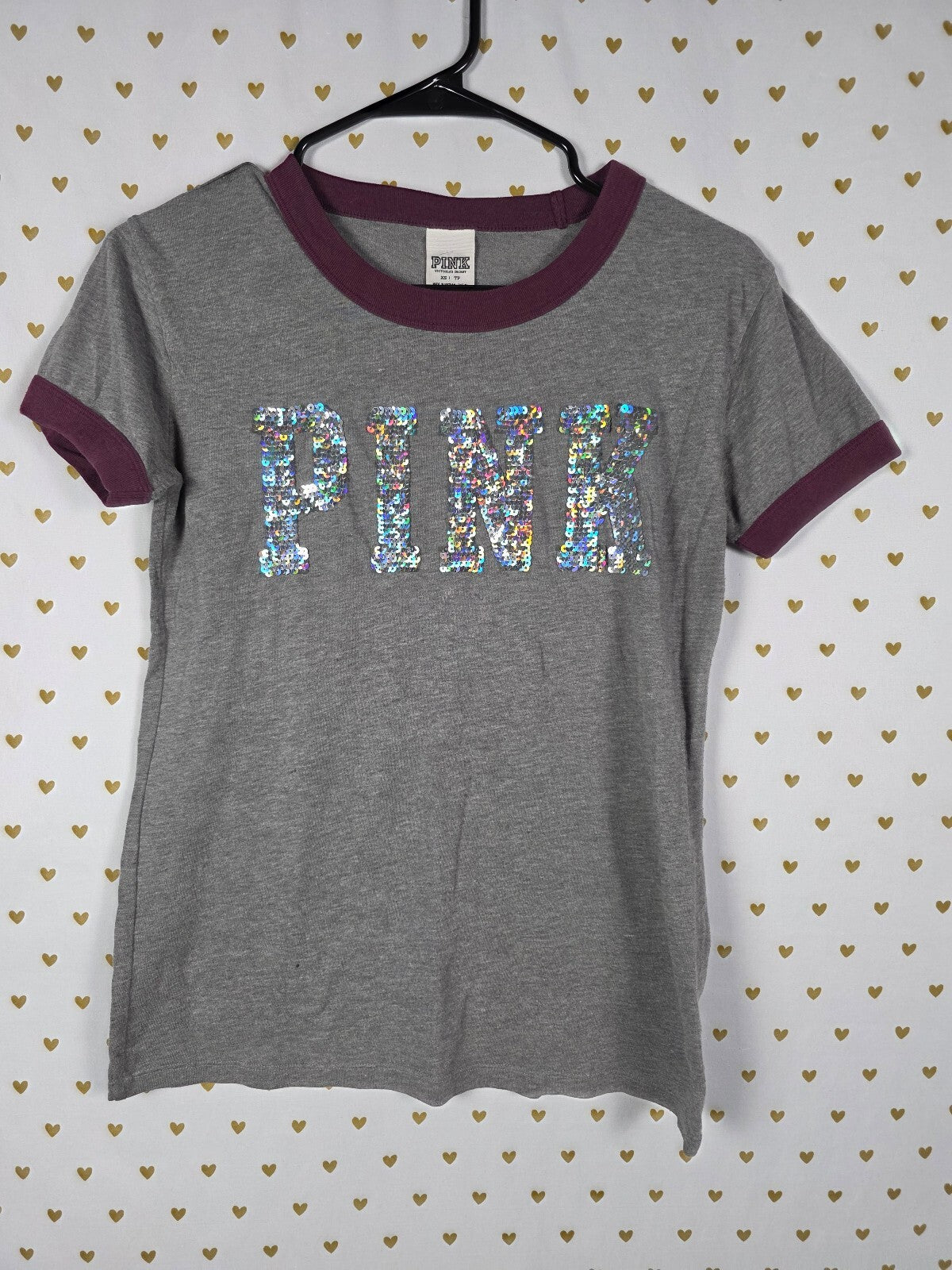 Victorias Secret PINK BLING Mermaid Silver Sequined Logo Tee shirt Grey XS