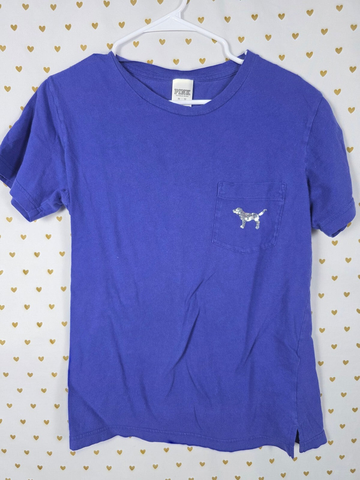 Victorias Secret PINK Blue SILVER BLING Dog Logo Tee shirt XS Oversized