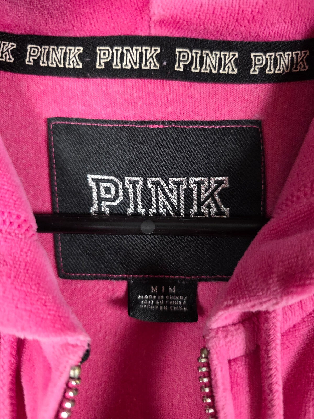 Victorias Secret Pink Velour Crest Bling Logo Full Zip Hoodie Jacket Medium